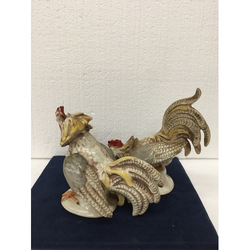 741 - A PAIR OF VINTAGE CERAMIC FIGHTING ROOSTERS MADE IN EAST GERMANY PRE 1989