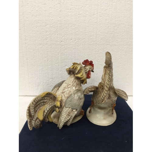 741 - A PAIR OF VINTAGE CERAMIC FIGHTING ROOSTERS MADE IN EAST GERMANY PRE 1989