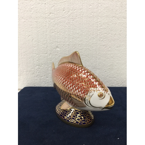 742 - A ROYAL CROWN DERBY GOLDEN CARP PAPERWEIGHT WITH GOLD STOPPER AND GOLD GILDING - FIRST QUALITY - 11.... 