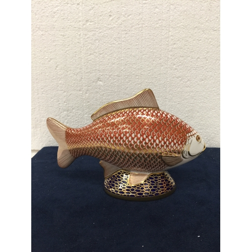 742 - A ROYAL CROWN DERBY GOLDEN CARP PAPERWEIGHT WITH GOLD STOPPER AND GOLD GILDING - FIRST QUALITY - 11.... 