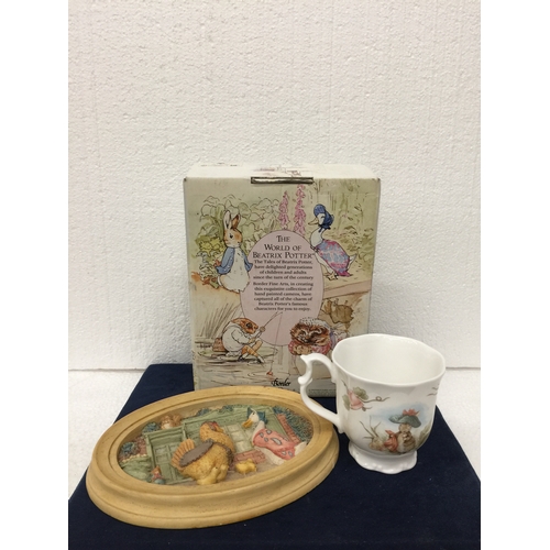 749 - A BOXED BORDER FINE ARTS BEATRIX POTTER JEREMY FISHER PLAQUE AND A ROYAL ALBERT CUP