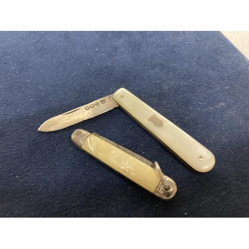 646 - A HALLMARKED SILVER FRUIT KNIFE ALONG WITH A VINTAGE BONE HANDLED PENKNIFE