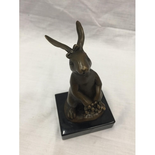 13 - A SMALL BRONZE OF A RABBIT HOLDING FLOWERS ON MARBLE BASE SIGNED MILO H: 14CM