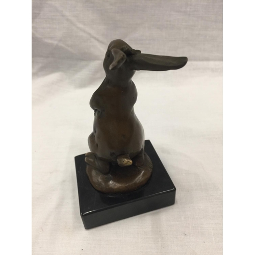 13 - A SMALL BRONZE OF A RABBIT HOLDING FLOWERS ON MARBLE BASE SIGNED MILO H: 14CM