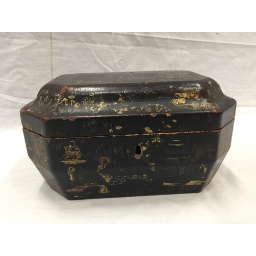 16 - A CHINOISERIE DECORATED SARCOPHAGUS SHAPED BOX WITH ORIENTAL STYLING