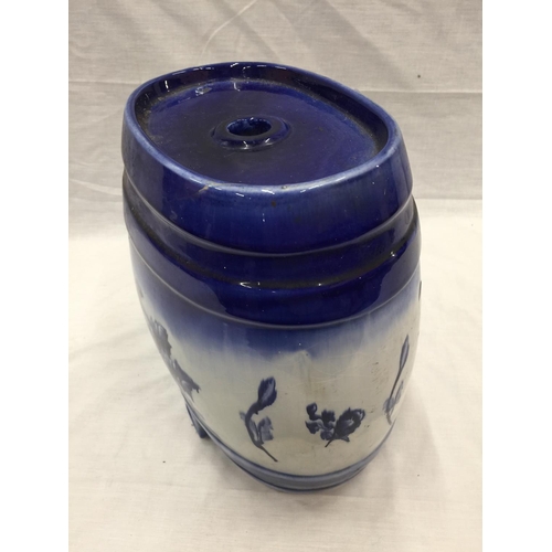 23 - A BLUE AND WHITE PATTERN CERAMIC DISPENSER BARREL H: 31CM