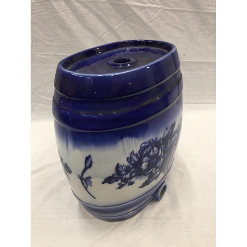 23 - A BLUE AND WHITE PATTERN CERAMIC DISPENSER BARREL H: 31CM