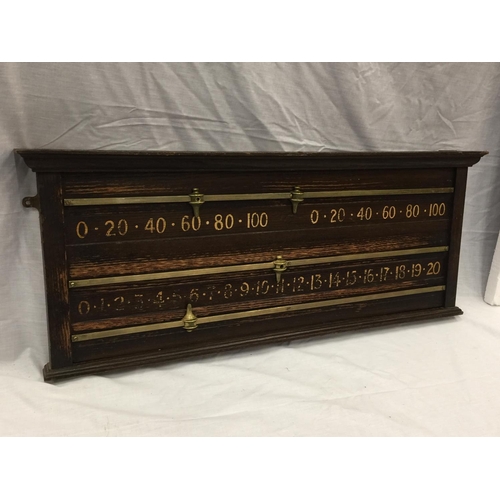 28 - A VINTAGE SNOOKER SCOREBOARD WITH BRASS SLIDERS W: 88CM