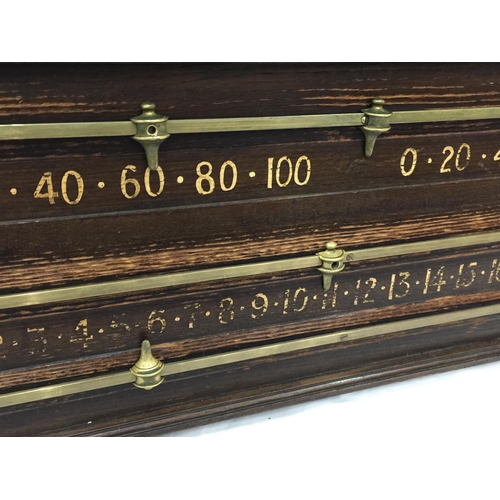 28 - A VINTAGE SNOOKER SCOREBOARD WITH BRASS SLIDERS W: 88CM