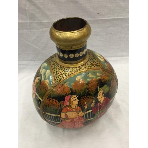 35 - A HAND PAINTED METAL VASE WITH INDIAN STYLE DESIGN H: 29CM