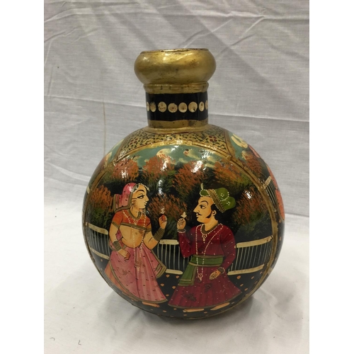 35 - A HAND PAINTED METAL VASE WITH INDIAN STYLE DESIGN H: 29CM