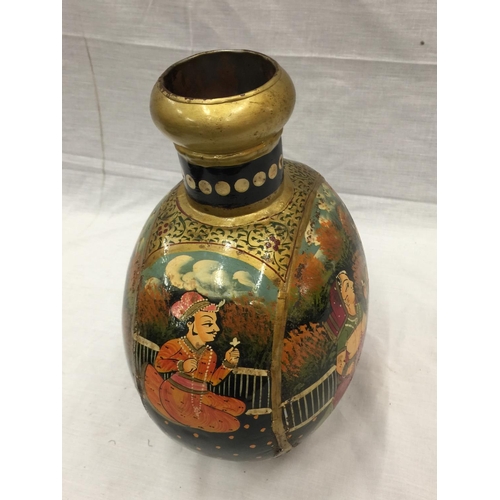 35 - A HAND PAINTED METAL VASE WITH INDIAN STYLE DESIGN H: 29CM