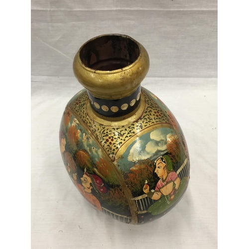 35 - A HAND PAINTED METAL VASE WITH INDIAN STYLE DESIGN H: 29CM