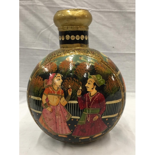 35 - A HAND PAINTED METAL VASE WITH INDIAN STYLE DESIGN H: 29CM