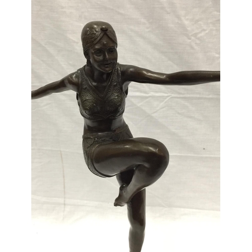 37 - AN ART DECO STYLE BRONZE FIGURE OF A LADY ON A MARBLE BASE SIGNED J. PHILIPP H: 56CM