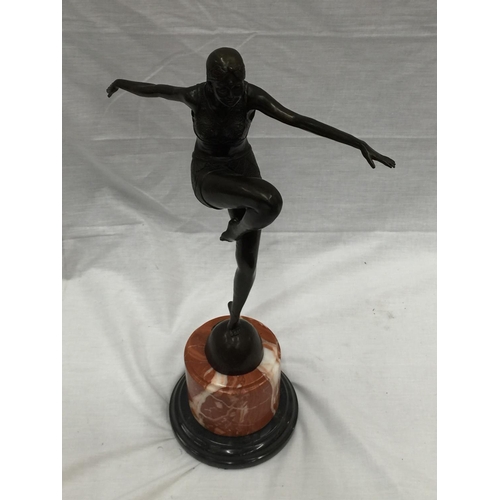 37 - AN ART DECO STYLE BRONZE FIGURE OF A LADY ON A MARBLE BASE SIGNED J. PHILIPP H: 56CM