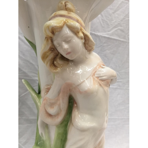 55 - A LARGE ART NOUVEAU STYLE ITALIAN MADE CERAMIC VASE WITH LEAF DESIGN AND A FIGURE OF A LADY  H: 62CM