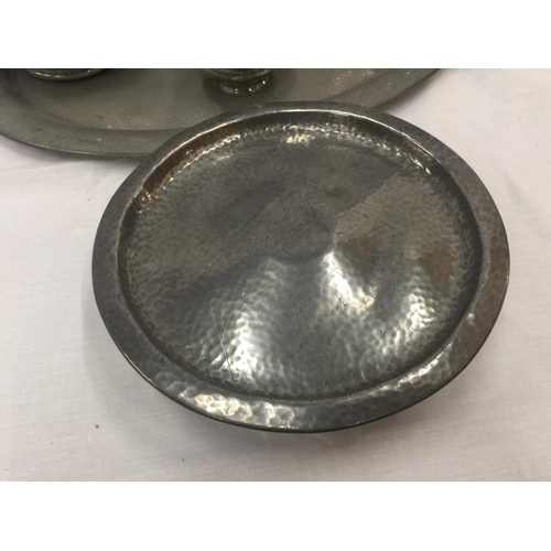 6 - A HAND HAMMERED SIX PIECE TUDRIC PEWTER SET