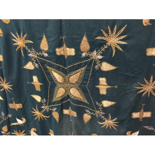 60 - A VINTAGE GILT HAND EMBROIDERED THROW WITH BIRDS AND BEES DESIGN 180CM X 180CM