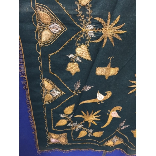 60 - A VINTAGE GILT HAND EMBROIDERED THROW WITH BIRDS AND BEES DESIGN 180CM X 180CM