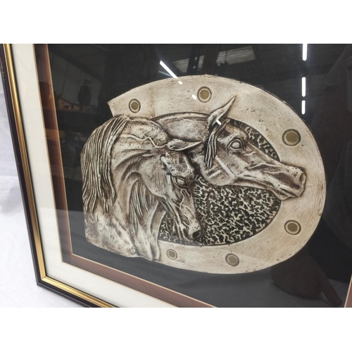 7 - A FRAMED 3D LEATHER ARTWORK OF TWO HORSES W: 45CM