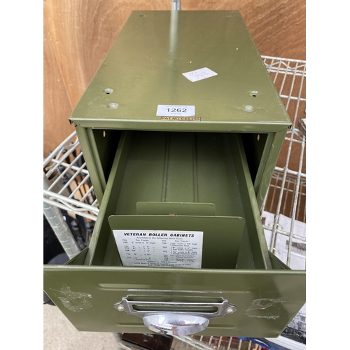 1262 - A MINITURE GREEN METAL INDEX CABINET