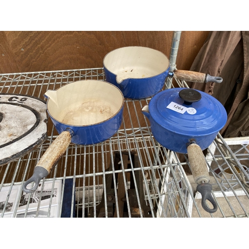 1264 - THREE LE CREUSET SAUCEPANS WITH WOODEN HANDLES