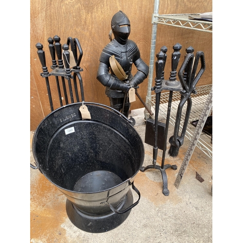 1269 - AN ASSORTMENT OF FIRESIDE ITEMS TO INCLUDE A KNIGHT, TWO COMPANION SETS AND A COAL BUCKET ETC