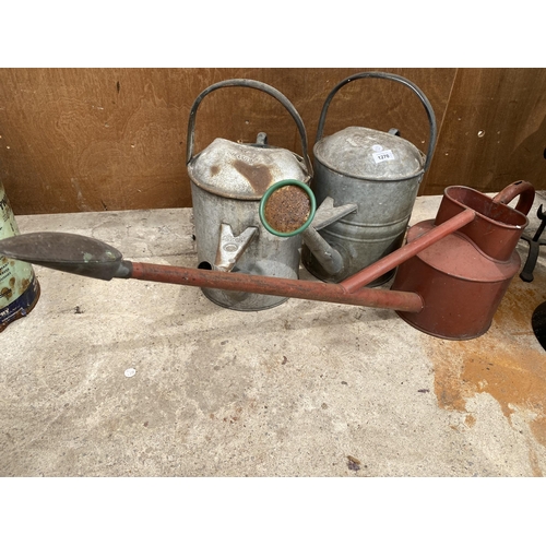 1270 - THREE VINTAGE WATERING CANS TO INCLUDE A BELDRAY AND A HAWS ETC