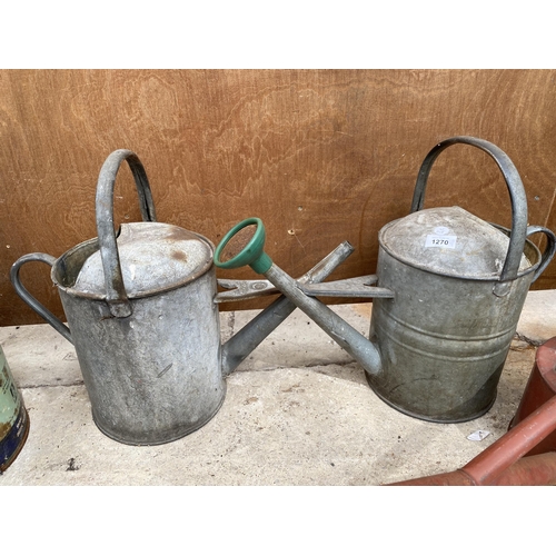 1270 - THREE VINTAGE WATERING CANS TO INCLUDE A BELDRAY AND A HAWS ETC