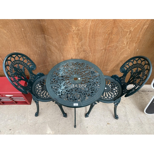 1281 - A CAST ALLOY BISTRO SET COMPRISING OF A ROUND TABLE AND TWO CHAIRS