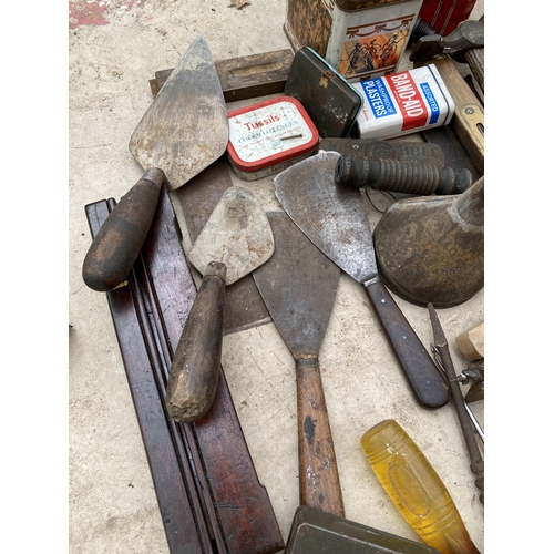 1302 - AN ASSORTMENT OF TOOLS TO INCLUDE HAMMERS, SPANNERS AND SHARPENING STONES ETC