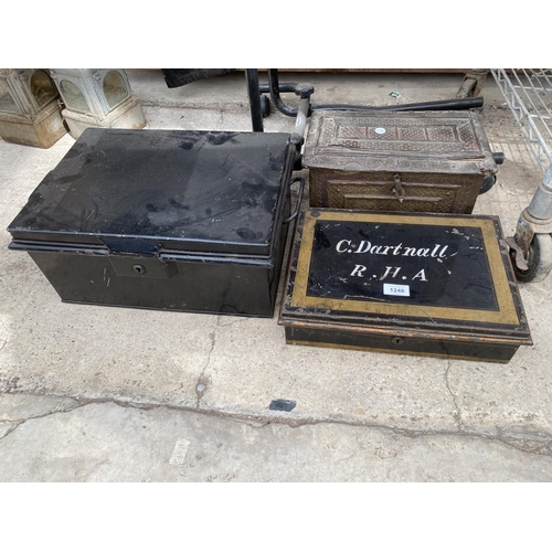 1248 - A VINTAGE WOODEN BOX AND TWO VINTAGE METAL DEED TINS