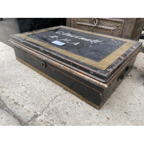 1248 - A VINTAGE WOODEN BOX AND TWO VINTAGE METAL DEED TINS