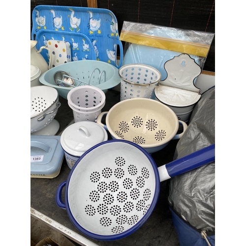 1383 - A LARGE ASSORTMENT OF RETRO KITCHEN ITEMS TO INCLUDE TRAYS, JUGS AND TEA CADDIES ETC