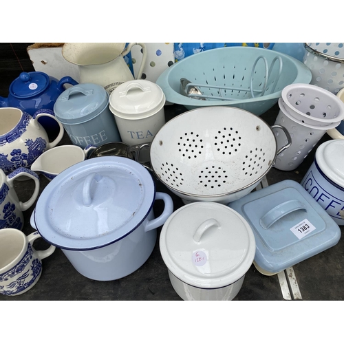 1383 - A LARGE ASSORTMENT OF RETRO KITCHEN ITEMS TO INCLUDE TRAYS, JUGS AND TEA CADDIES ETC