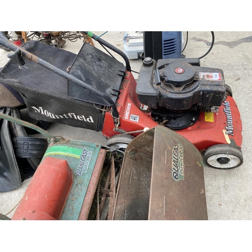 1442 - A MOUNTFIELD PETROL ENGINE LAWN MOWER AND A VINTAGE QUALCAST PUNCH EP30 LAWN MOWER