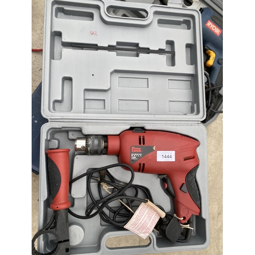 1444 - AN ASSORTMENT OF POWER TOOLS TO INCLUDE A POWER DEVIL DRILL AND A RYOBI DRILL