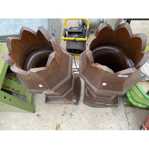 1448 - TWO SALT GLAZED CHIMNEY POTS WITH CROWN TOPS (ONE A/F)