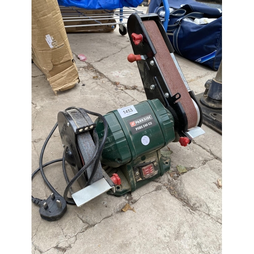 1453 - A PARKSIDE PSBS 240 C2 BENCH GRINDER WITH BELT SNADER