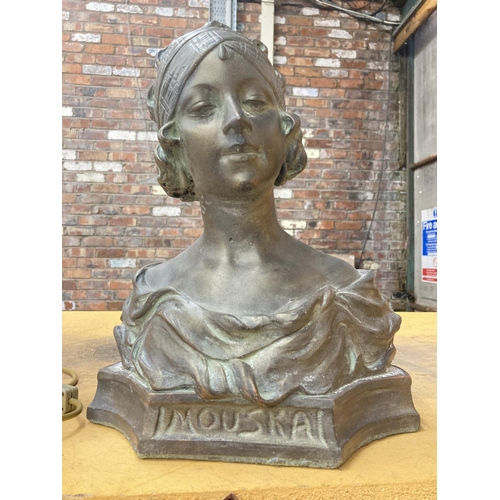 259 - A RECONSTITUTED STONE 'BRONZED' BUST OF 'MOUSKA'  HEIGHT 42CM, WIDTH 36CM