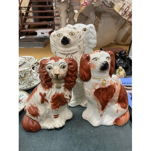 269 - A PAIR OF RED AND WHITE STAFFORDSHIRE MANTLE DOGS HEIGHT 18CM PLUS TWO WHITE ONES HEIGHT 24CM