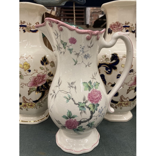 275 - TWO MASONS 'MANDALAY' LARGE VASES HEIGHT 30CM AND 31CM RESPECTIVELY, PLUS A ROYAL WINTON PINK FLORAL... 