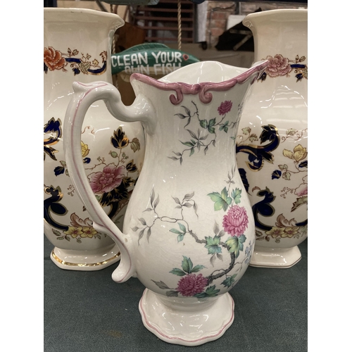 275 - TWO MASONS 'MANDALAY' LARGE VASES HEIGHT 30CM AND 31CM RESPECTIVELY, PLUS A ROYAL WINTON PINK FLORAL... 