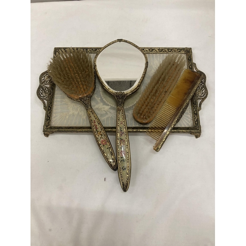 276 - A LACE EMBROIDERY DRESSING TABLE TRAY WITH BRUSHES, MIRROR AND COMB ALL WITH BACK EMBROIDERY