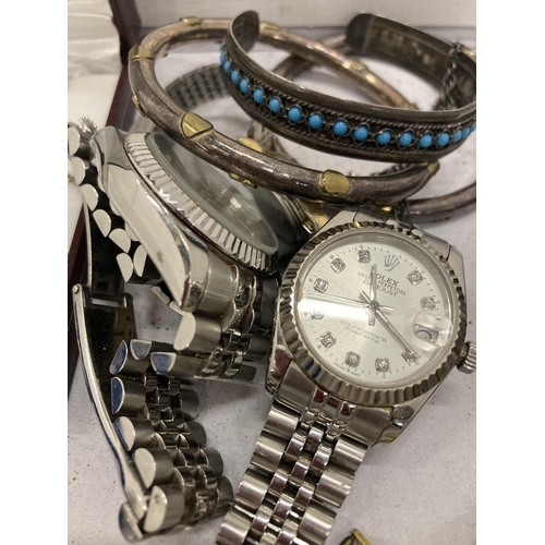 280 - THREE FASHION WATCHES, NECKLACES, BANGLES, SMALL MOTHER OF PEARL ORIENTAL PLAQUES, ETC