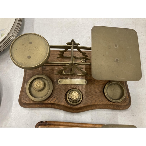 281 - TWO SETS OF WOOD AND BRASS POSTAL SCALES WITH WEIGHTS