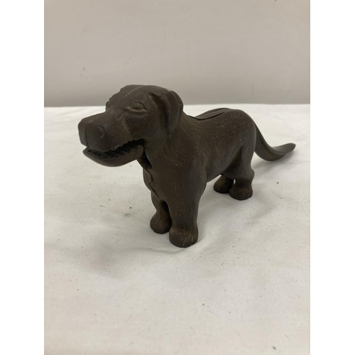 284 - A VINTAGE METAL NUTCRACKER IN THE SHAPE OF A DOG AND A BRONZE DOG'S HEAD CANE HEAD