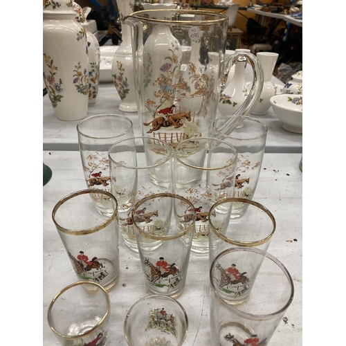 288 - A COLLECTION OF HUNTING SCENE GLASSES, A PITCHER AND HUNTING SCENE CUPS