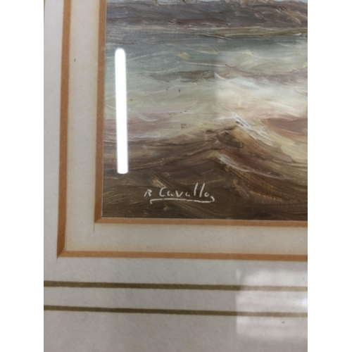 150 - TWO OILS ON BOARD PAINTINGS OF FISHING BOATS ON THE SEA, SIGNED R CAVALLA IN GILT FRAMES 35CM X 29.5... 